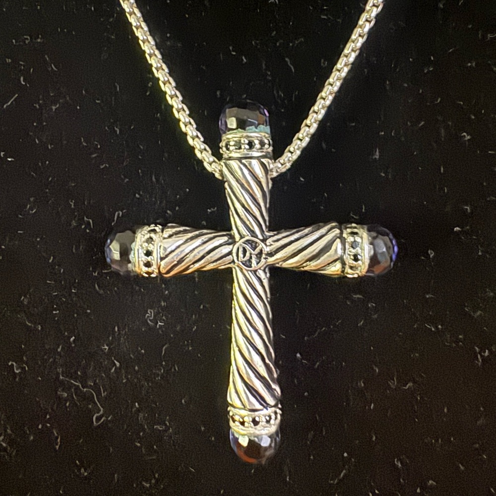 David Yurman cross pendant with amethyst and black diamonds and 24 inch chain